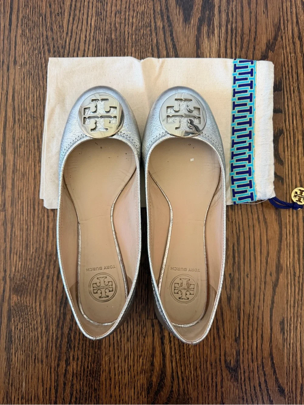 Tory Burch Silver Leather Logo Ballet Flats